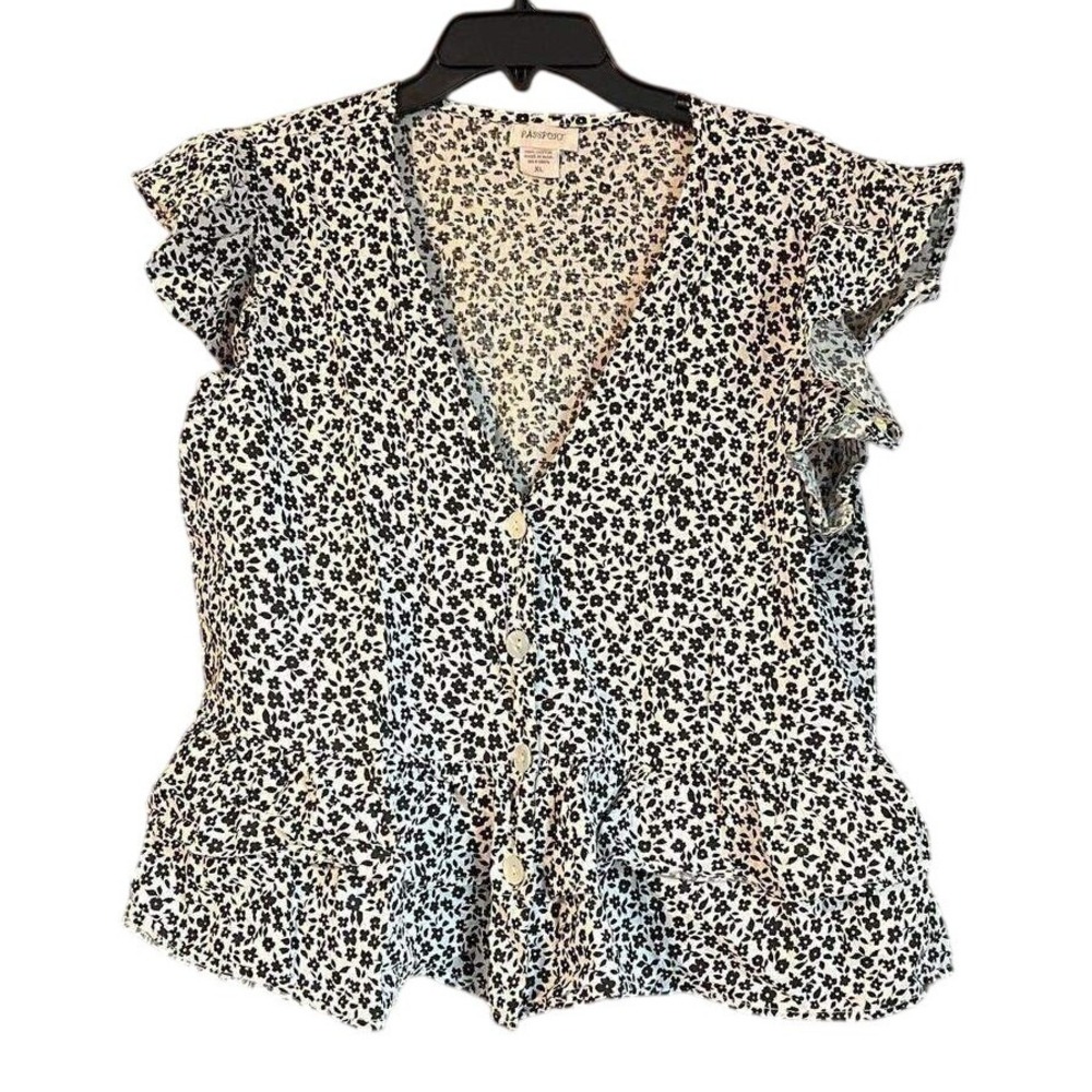 Womens XL Black White Floral Flutter Sleeve Peplum‎ Button Front Top Cotton
